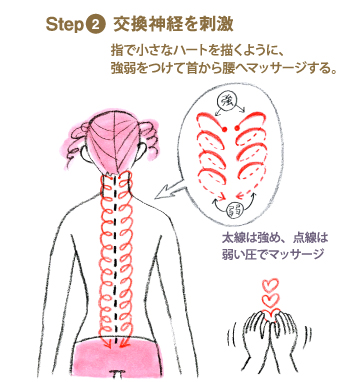 交換神経を刺激：指で小さなハートを描くように、強弱をつけて首から腰へマッサージする。